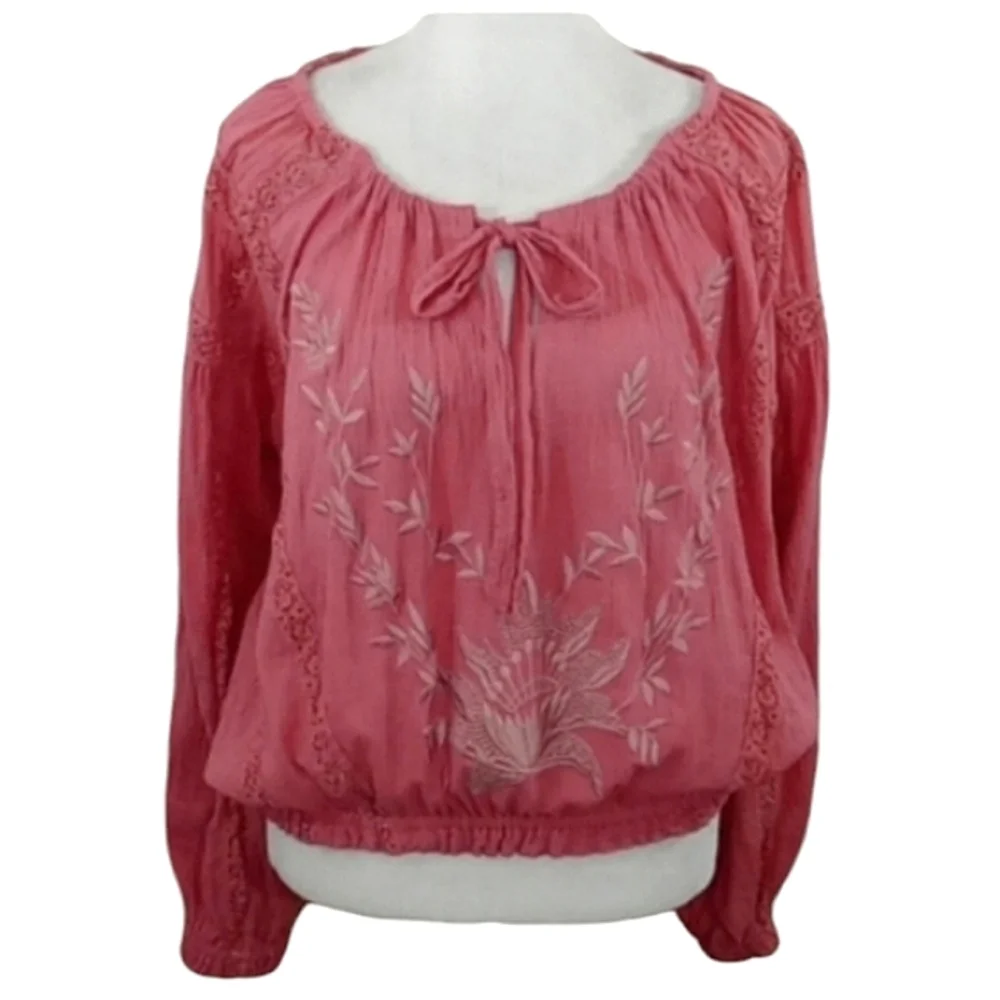 Free People Maria Maria Embroidered Top in Athena Puff Sleeve Size XS